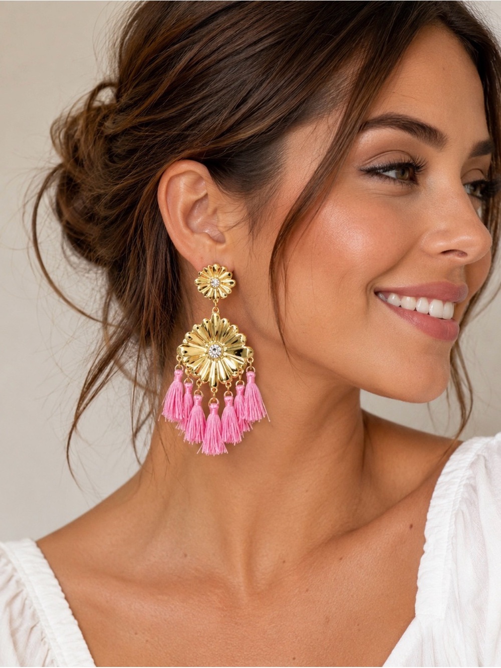 Lilly Pulitzer Mandevilla Baby Tassel Earrings with Rhinestone & Gold Dangling.